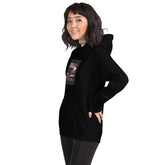 Black unisex pullover hoodie with front graphic panel and hood, side view