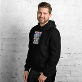Black unisex hoodie side view with hood, kangaroo pocket, and small front text graphic.