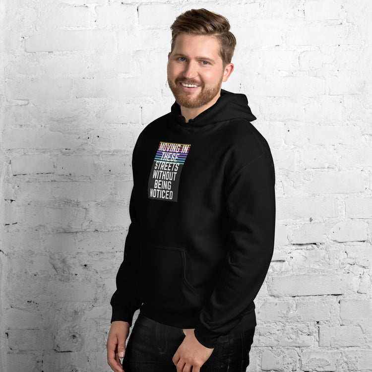 Black unisex hoodie side view with hood, kangaroo pocket, and small front text graphic.