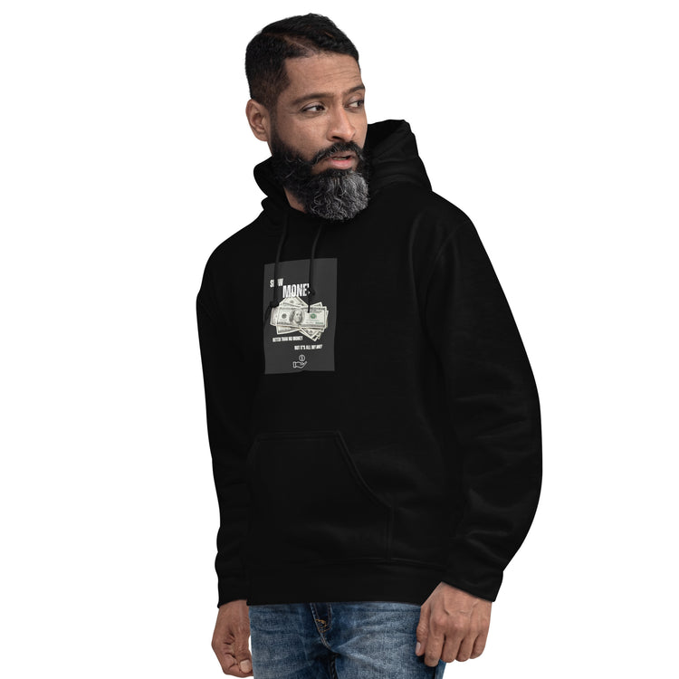 Unisex black hoodie with front print and kangaroo pocket, front angled view