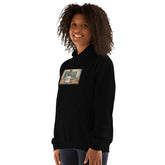 Black unisex hoodie front graphic and drawstring hood