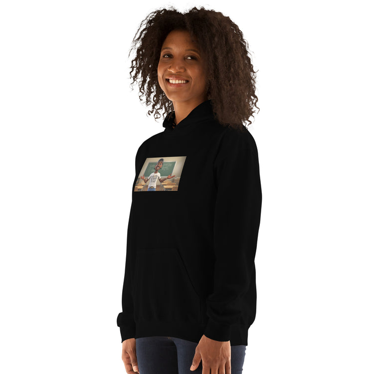 Black unisex hoodie front graphic and drawstring hood