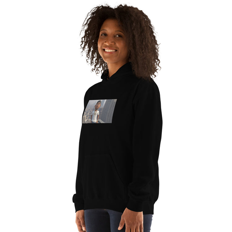 Black unisex hoodie with chest graphic panel, hood and front pouch pocket