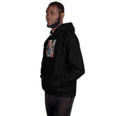 Unisex black pullover hoodie with hooded neckline and colorful chest graphic panel
