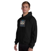 Black unisex pullover hoodie front-left view with hood, kangaroo pocket, chest graphic