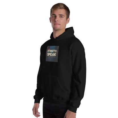 Streets Speak unisex hoodie in black, front view with square chest graphic