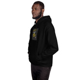 Unisex dark hoodie with front logo patch and kangaroo pocket, side profile