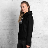 Black unisex pullover hoodie with hood and front pocket, side view with sleeve detail