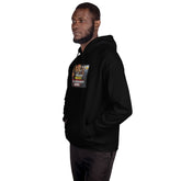 Unisex black hoodie with front chest graphic and hood