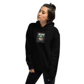 Black hoodie front view with chest graphic, hood and kangaroo pocket.