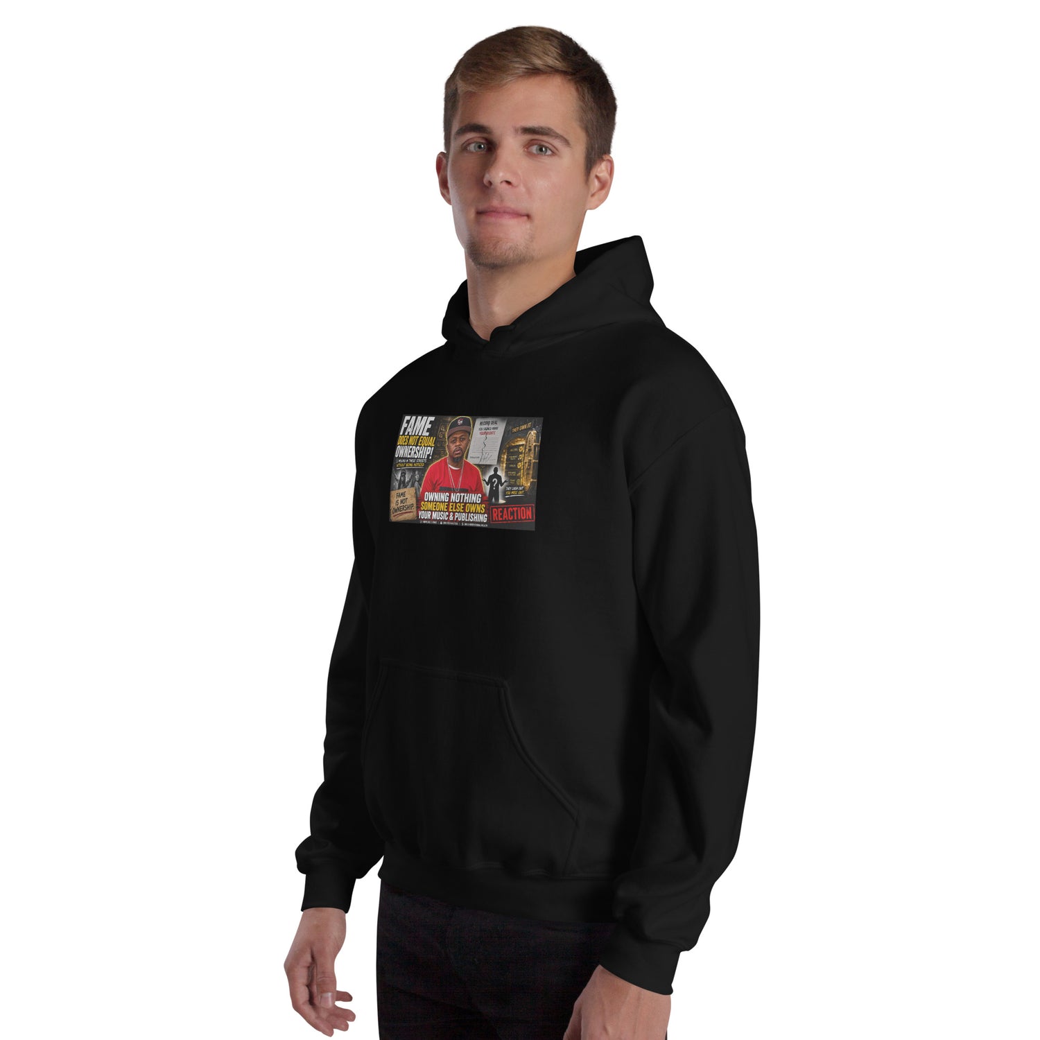 Black unisex pullover hoodie with chest graphic and hood