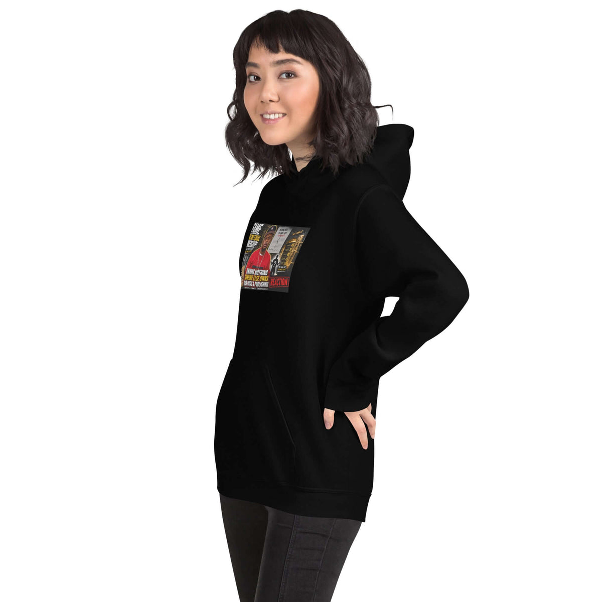 Black pullover hoodie with front graphic print and kangaroo pocket