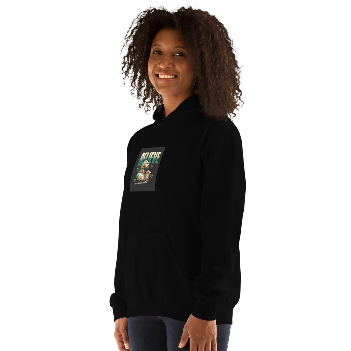 Black pullover hoodie with hood and chest graphic, front three-quarter view