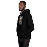 Black pullover hoodie with square chest graphic print, hooded pocket.