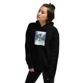 Black pullover hoodie with hood, front kangaroo pocket, and chest square graphic
