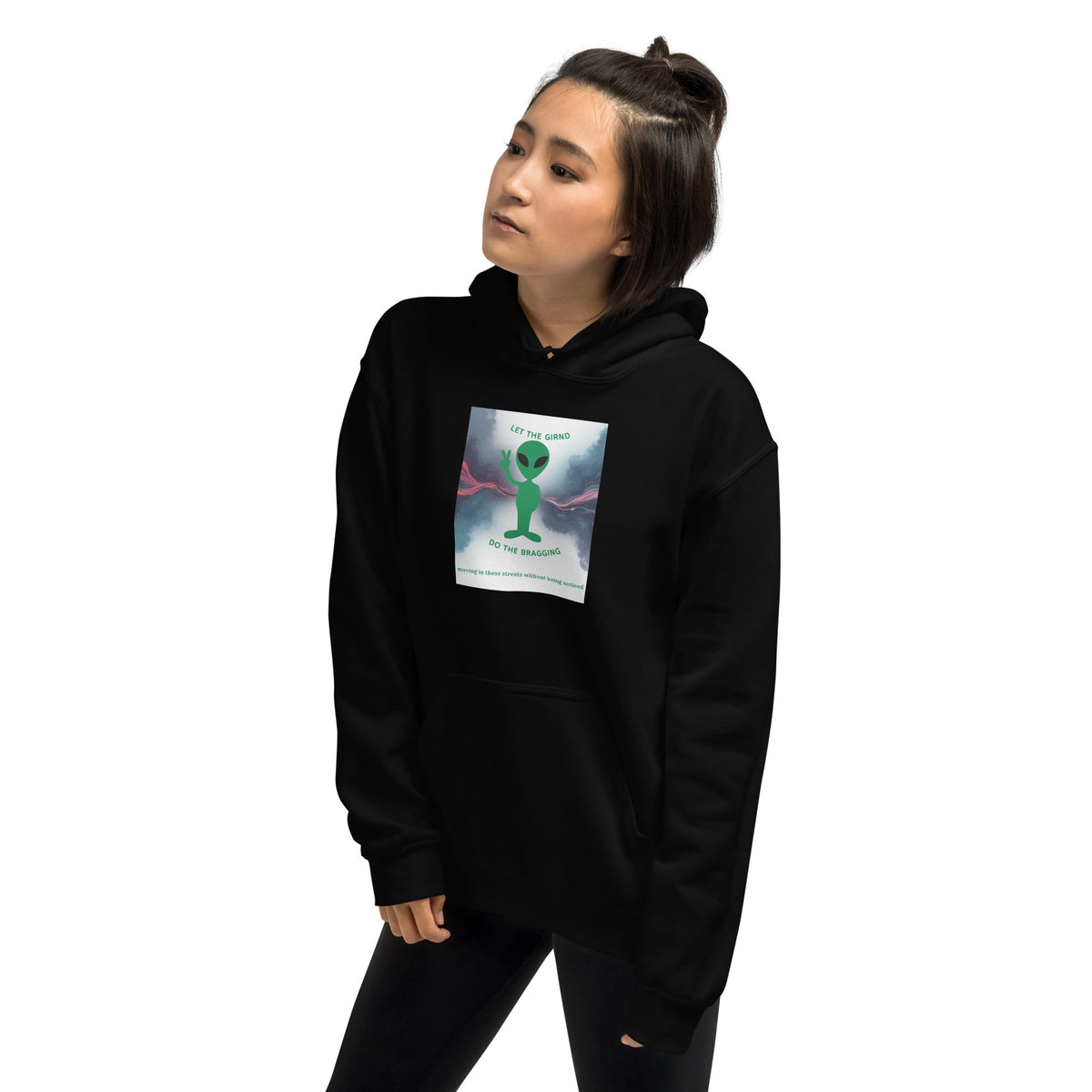 Black pullover hoodie with hood, front kangaroo pocket, and chest square graphic