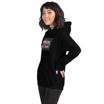 Black unisex hoodie, front side view with small Streets graphic on chest