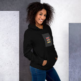 Black unisex hoodie with chest graphic patch and drawstring hood, front view