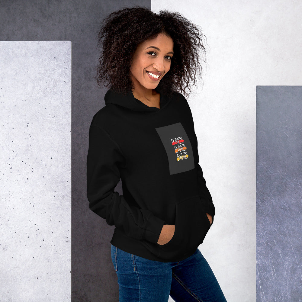 Unisex hoodie black, front graphic square on chest, hooded pullover.