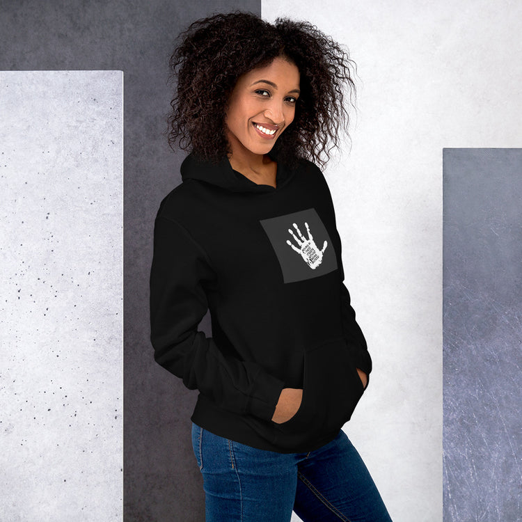 Black unisex hoodie front view with white handprint graphic