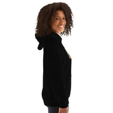 Black unisex hoodie angled side profile with chest graphic detail
