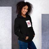 Black unisex hoodie with hood and square chest graphic patch on front