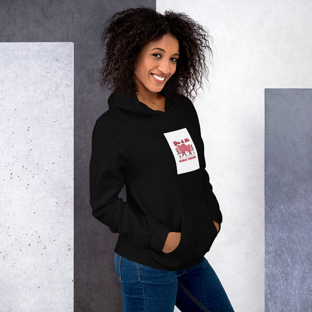 Black unisex hoodie front view, white square heart print on the chest.