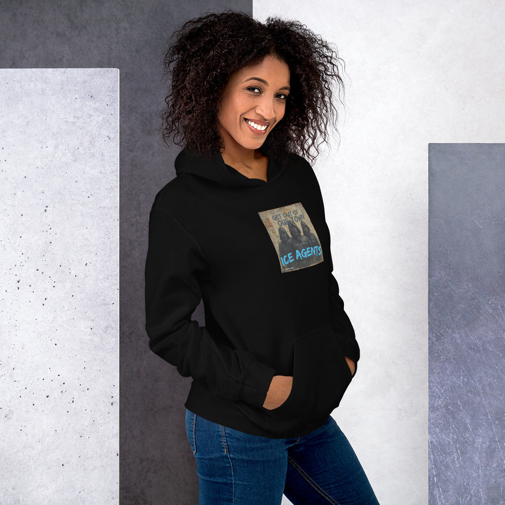 Black unisex hoodie front view with “ICE AGENTS” graphic on chest.