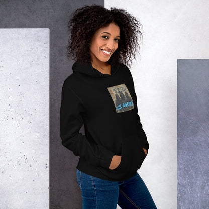 Black unisex hoodie front view with “ICE AGENTS” graphic on chest.