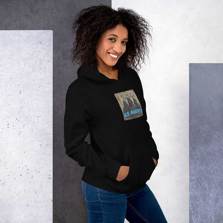 Black unisex hoodie front view with “ICE AGENTS” graphic on chest.