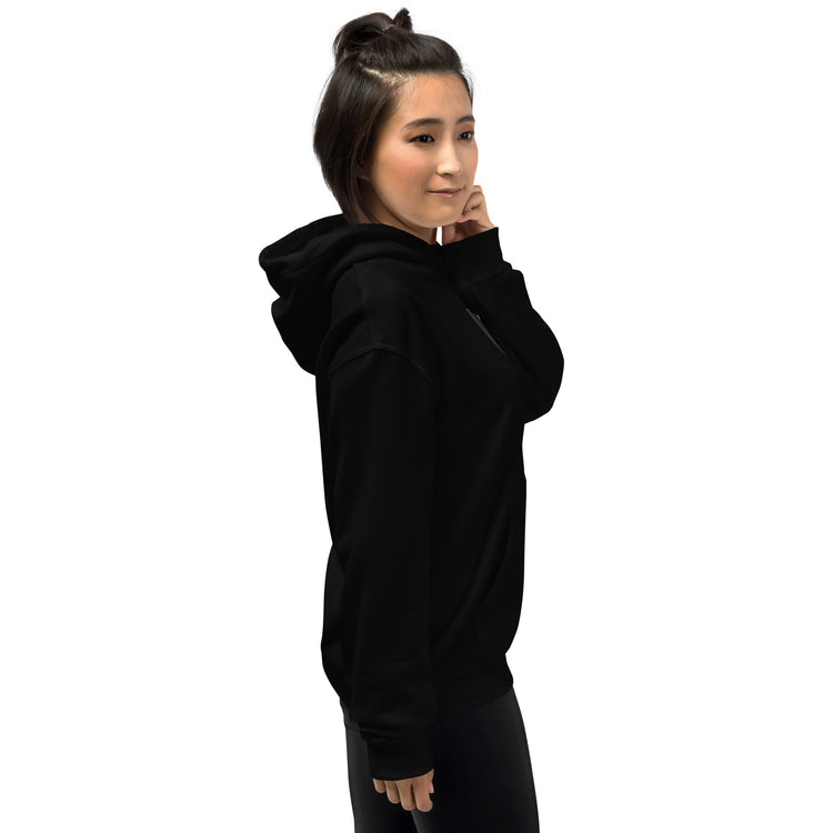 Black unisex hoodie side view with hood and drawstring, kangaroo pocket.