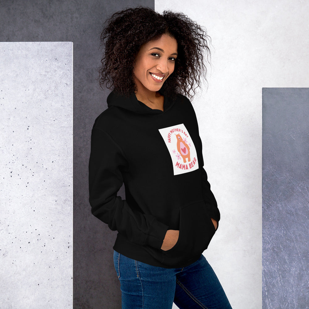 Black Happy Mother’s Day unisex hoodie with “Mama Bear” bear graphic on front