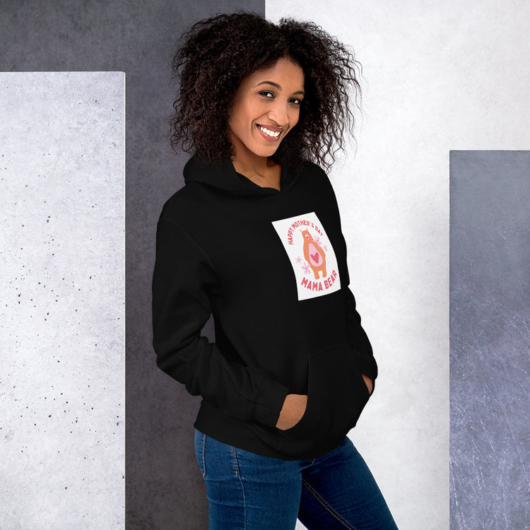 Black unisex hoodie with hood and Mama Bear graphic patch on chest