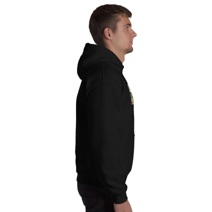 Black unisex hoodie with hood, side view, and ribbed cuffs