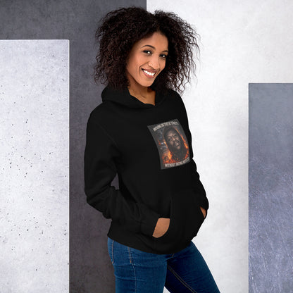 Black streetwear hoodie front view with chest graphic print and kangaroo pocket.
