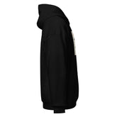 Black unisex pullover hoodie, angled side view with hood and front pocket
