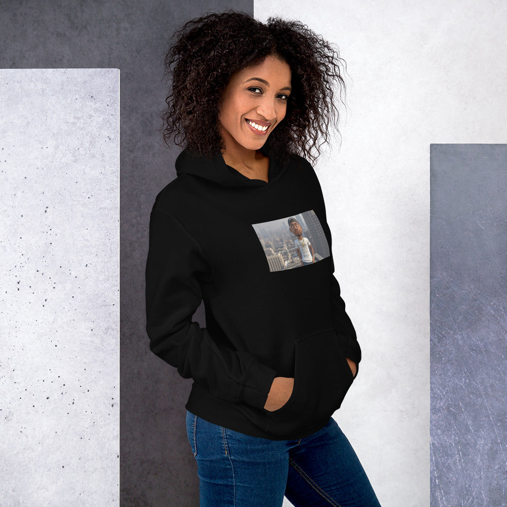 Black pullover streetwear hoodie with chest graphic print and kangaroo pocket