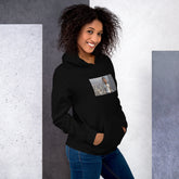 Black pullover streetwear hoodie with chest graphic print and kangaroo pocket