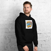 Unisex black hoodie front quarter view with logo graphic