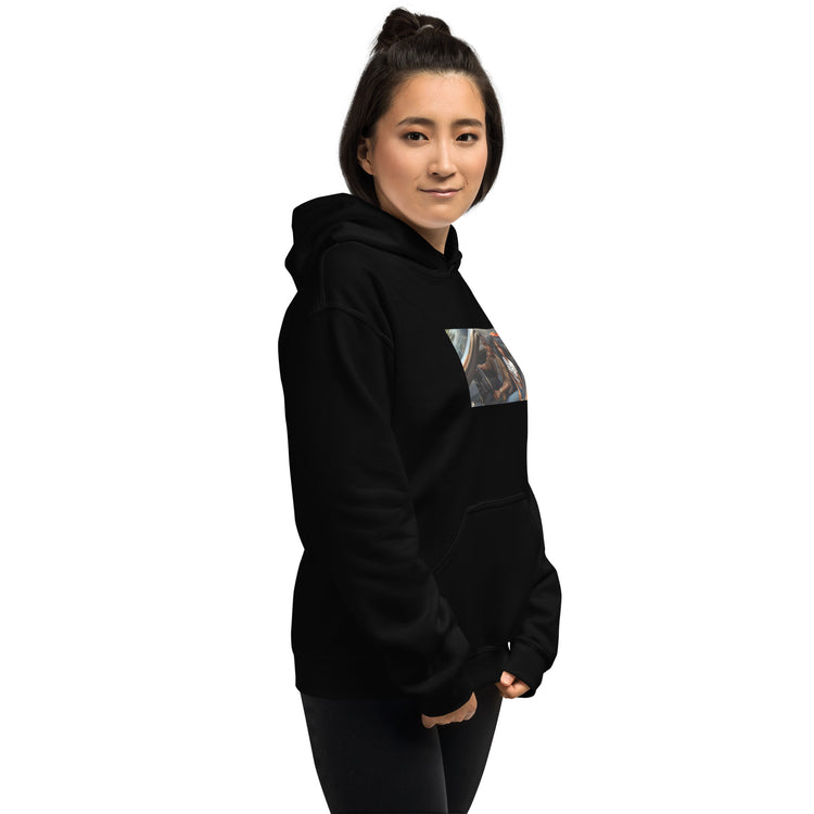 Black unisex hoodie with hood and chest graphic print, front view with hands down.