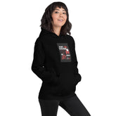 Black unisex pullover hoodie with front graphic and hood, three-quarter view