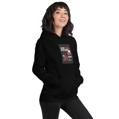 Unisex-Hoodie mit Kapuze, schwarz, Frontansicht mit mittigem Print auf der Brust