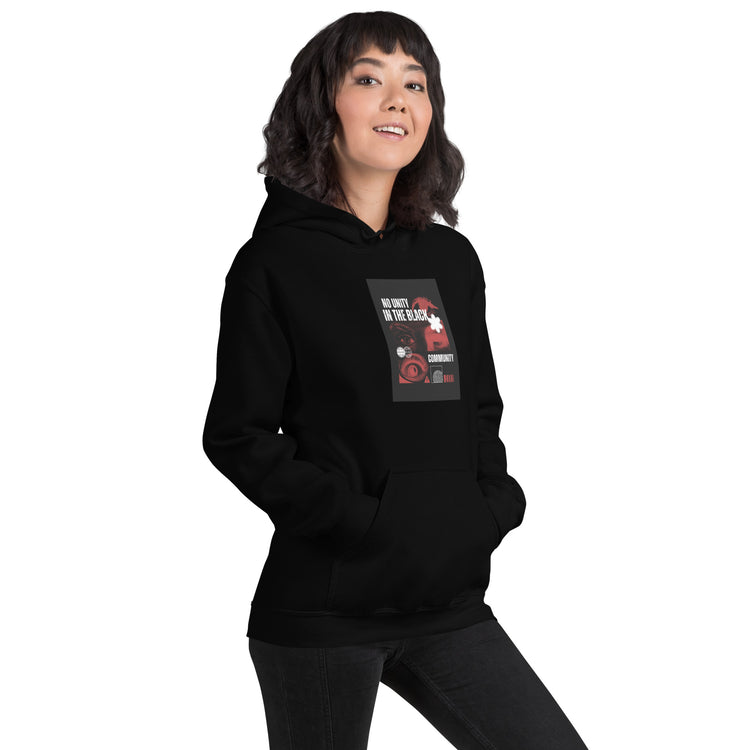 Black unisex pullover hoodie with front graphic and hood, three-quarter view