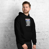 Black unisex hoodie front view with hood, kangaroo pocket, and centered text graphic.