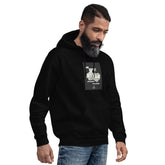 Unisex black hoodie with front print and kangaroo pocket, side front view