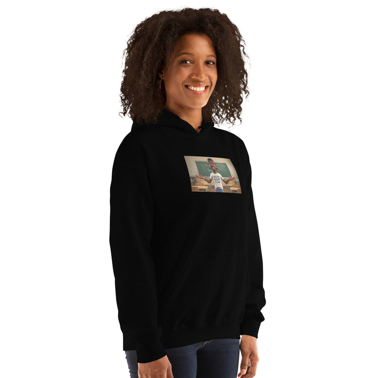 Black unisex hoodie chest graphic, hood, and front pouch pocket