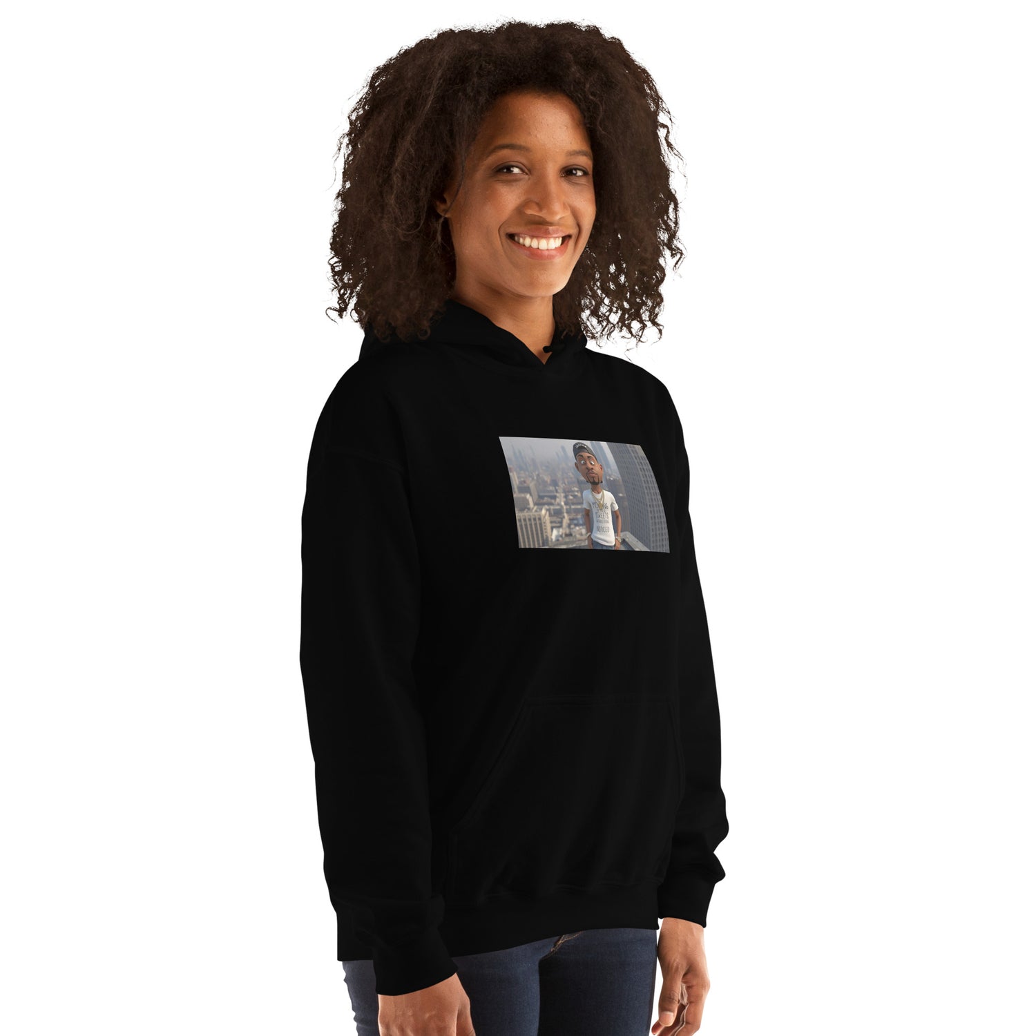 Sudadera unisex negra con capucha y estampado rectangular en el pecho