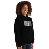 Black unisex hoodie with front chest graphic, hood and long sleeves