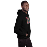 Unisex black pullover hoodie, side view, colorful chest graphic and hood