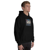 Black unisex pullover hoodie front-right view with hood, kangaroo pocket, chest graphic